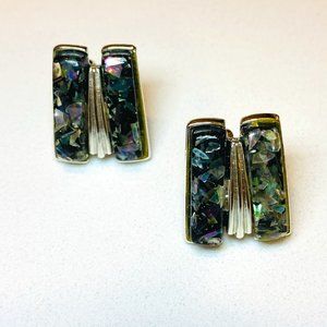 Vintage Silver Tone Earrings Lucite Blue & Green Crushed Mother of Pearl Clip-on
